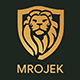 The mrojek-logo which shows a proud lion in goldish colors on a dark grey background